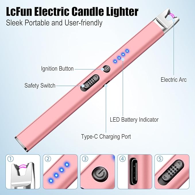 LcFun 2 Pack Candle Lighter Electric USB Rechargeable Plasma Arc Lighter with Safety Lock, Windproof Flameless Long Matches for Candle, Grill, BBQ, Camping, Gas Stoves (Gold,Pink)
