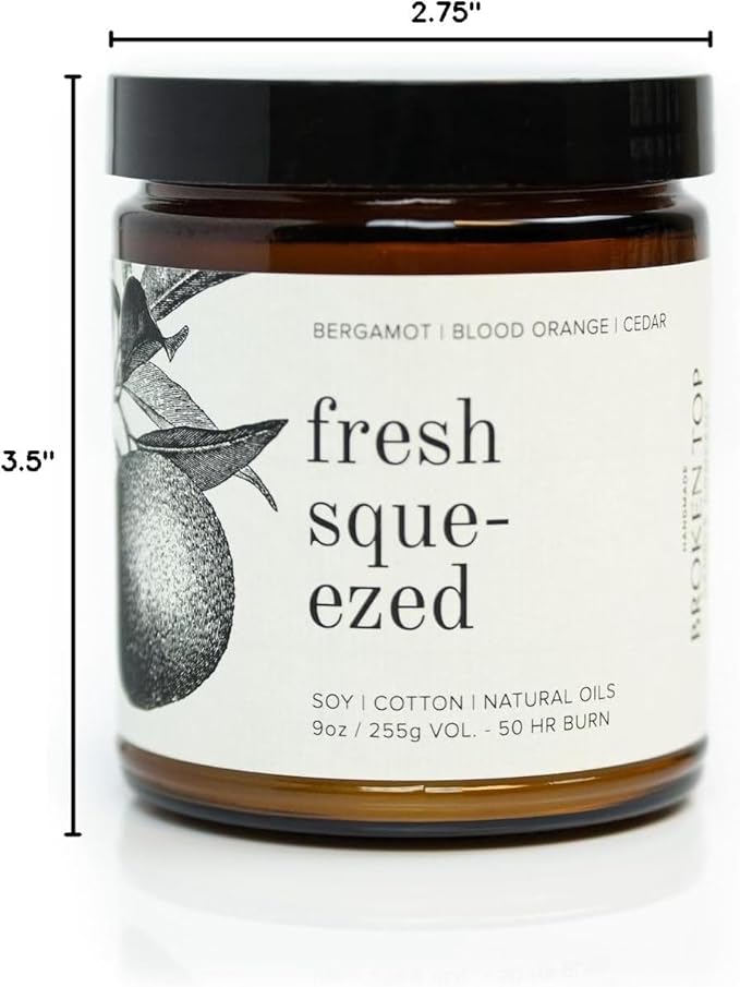 Broken Top Fresh Squeezed Pure Soy Candle | 9 oz. | Bergamot, Blood Orange & Cedar 50-Hour Burn Time. Natural Cotton Wick, Vegan, No Parabens, No Phthalates