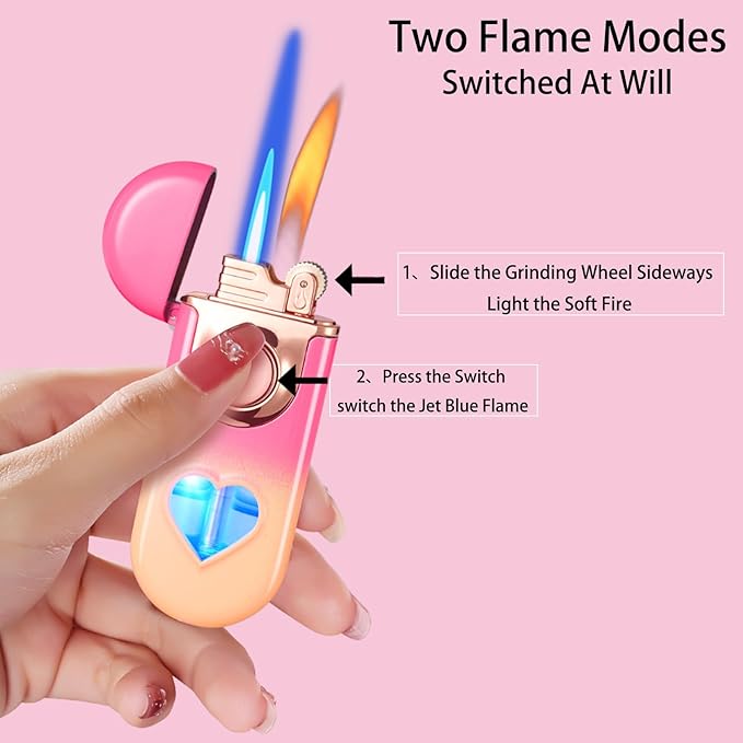Torch Dual Flame Lighter with 6pcs Flint Stone, Windproof with Visible Gas Window, Adjustable Soft and Jet Flame, Refillable Butane Lighter for Outdoor Indoor - Blue