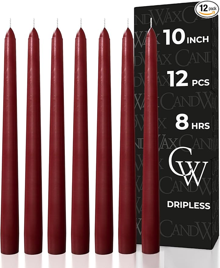 CANDWAX 10 inch Burgundy Taper Candles Set of 12 - Unscented Dripless Burgundy Candlesticks - Christmas Taper Candles with Burning Time up to 8 Hours - Christmas Candle Sticks