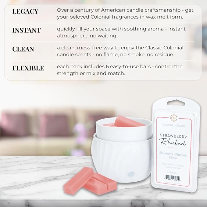 Colonial Candle Strawberry Rhubarb Scented Wax Melts, Wax Melt Warmer Cubes, Long Lasting Scented Wax Warmer Cubes, 4 Pack, 6 Cubes Each - Made in The USA