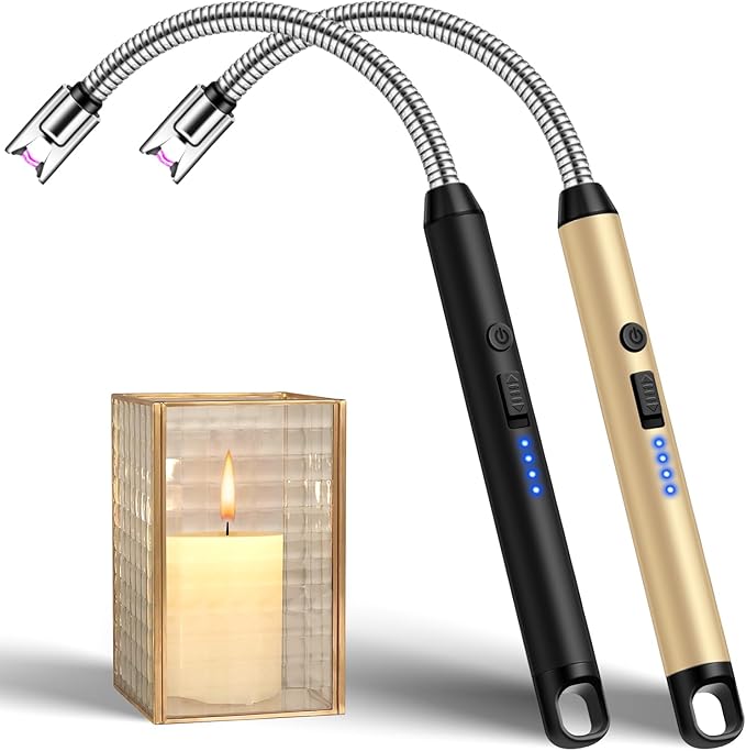 Upgraded 2 Pack Electric Candle Lighter with 360° Flexible Neck & Safety Lock, Windproof USB Rechargeable Flameless Arc Long Lighters for Grill, BBQ, Camping, Fireplace, Stove (Black & Gold)