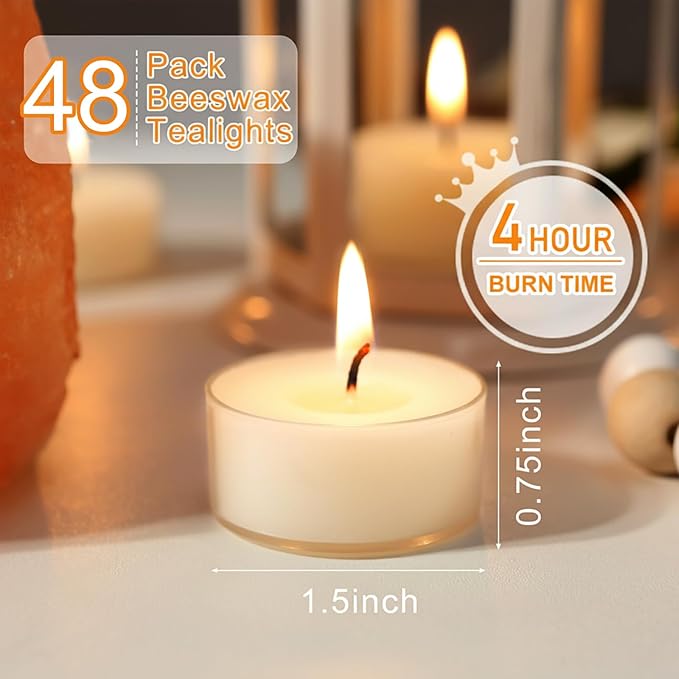 48 Pcs Natural Beeswax Tealight Candles White, Pure Beeswax Tea Candles in Clear Cup, Organic Ivory Small Tea Light Candles with 4 Hours Clean Burn Time, Soy, Paraffin, & Fragrance Free