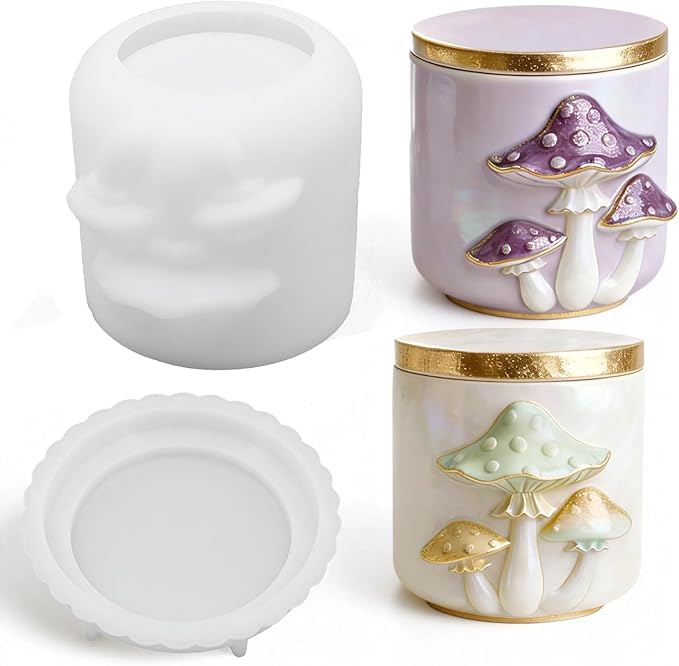 1Pc Mushroom Jar Resin Mold Silicone 3D Exquisite Epoxy Casting Mold with Lid for DIY Jewelry Organizer Trinket Storage Box Candy Container Candle Jar Flowerpot Cement Crafts Home Decoration