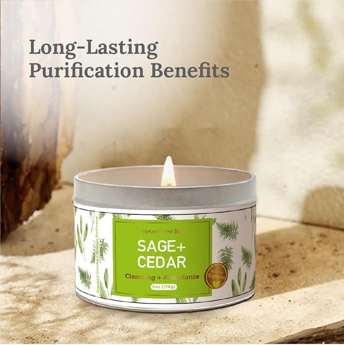 Magnificent 101 Long Lasting Sage + Cedar Smudge Candle - 6 Oz - 35 Hour Burn - Made of Soy Wax for Energy Cleansing & Manifestation - Let Abundance Flow Like an Endless River - Soy Candles