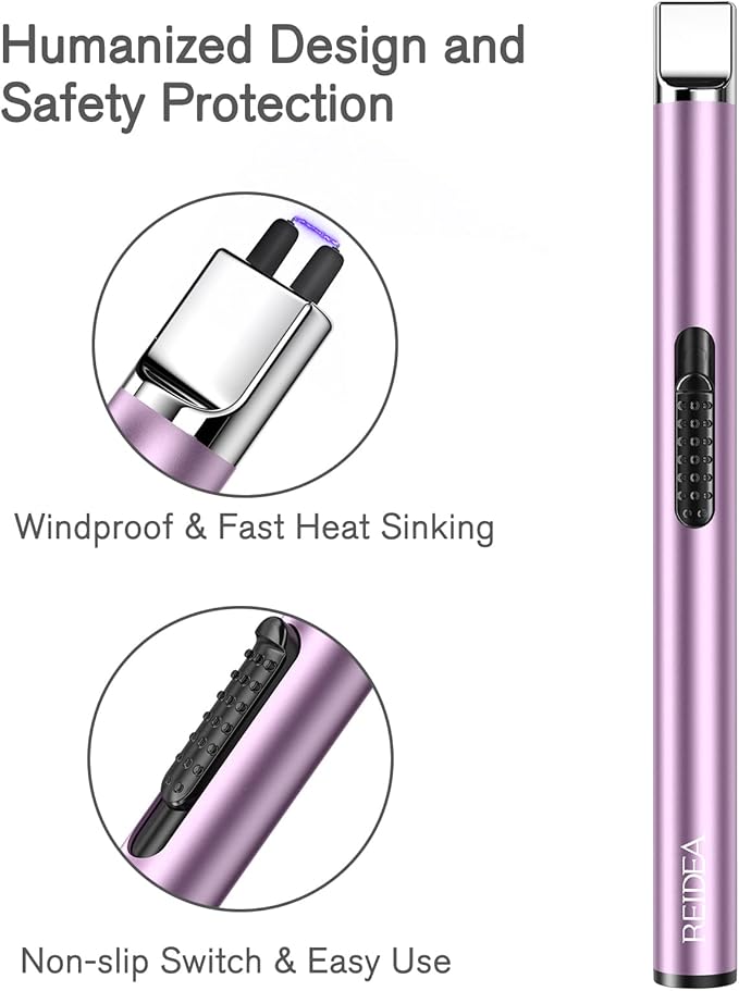 REIDEA Lighter S4 Electronic Candle Lighter USB Rechargeable with Security Lock, Windproof Fast Heat Sinking, Non-Slip Switch for Candle, Grill, Camping (Lavender Purple)
