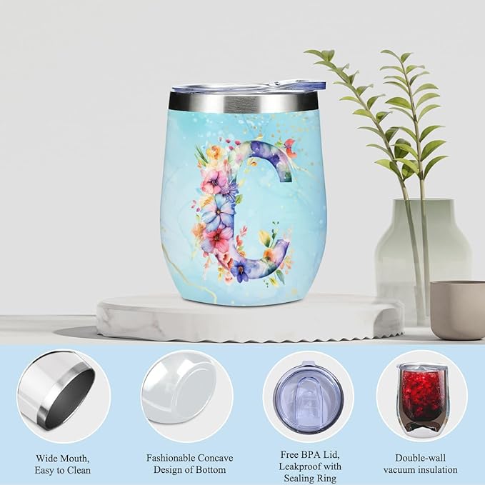 Personalized Gifts Monogrammed Birthday Gifts for Women, Cowerker Bride Wife Sister Wedding Christmas Initial Wine Tumbler Makeup Bag Scented Candle Bracelet Set, (Aesthetic Blue Flower C)