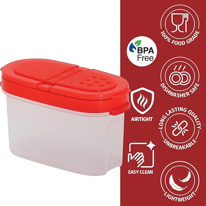 SIGNORA WARE Spice Jars with Lids - 4 oz Refillable Empty Airtight Spice/Seasoning Containers Set -2 in 1 Pour/Sift Shaker Lids Clear Plastic Spice/Seasoning Organizer Kitchen/Travel 4 pk.Red