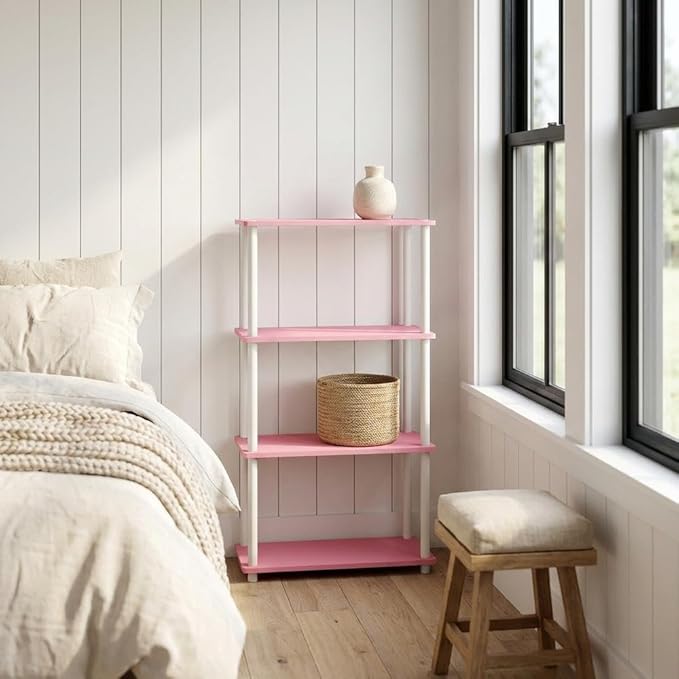 Furnifact Pink White Bookcase, Modern Design, Durable Wood, Compact Storage, Stylish, Functional for Home Office or Living Space
