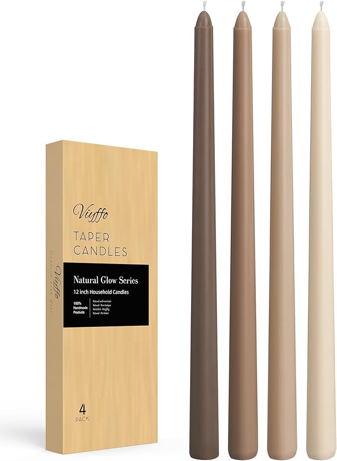 Viyffo Taper Candles, 12 Inch, 4 Pack, Brown – Unscented, Smokeless Design, Up to 8-Hour Burn – Tall Candlesticks for Table Decor, Weddings & Dinners