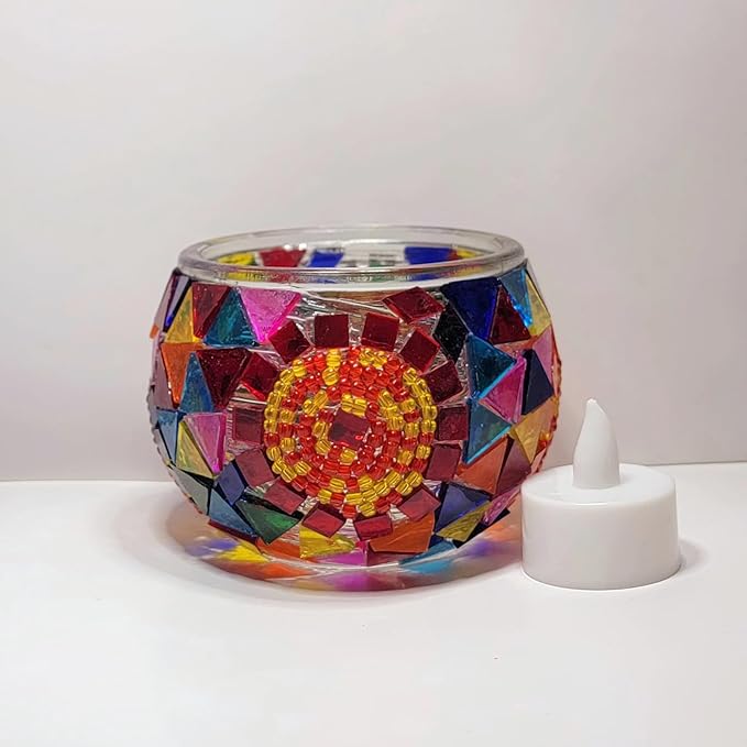 wpdash DIY Turkish Mosaic Kit Easy Colorful Round Night Light Glass Decorative Tea Light for Living Room and Bedroom (1.97 x 1.97 x 3.15in)