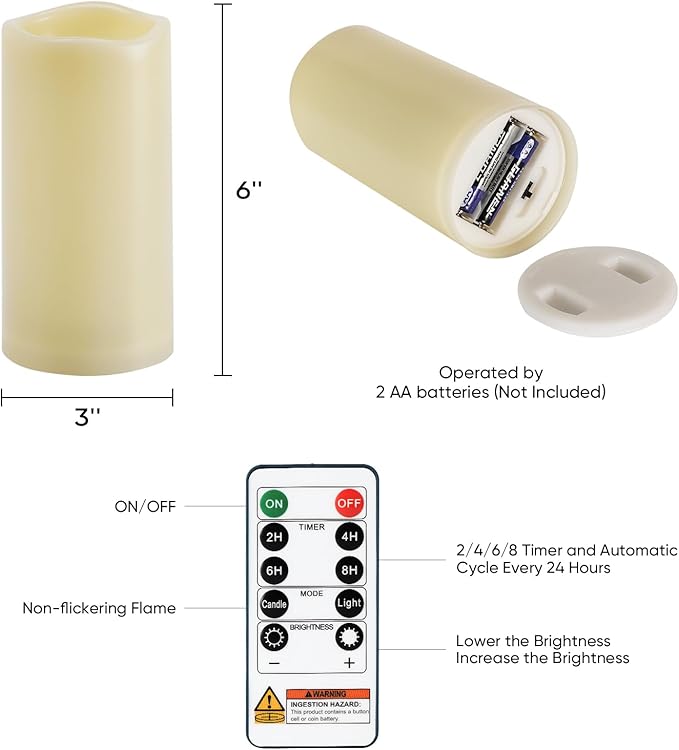 Homemory 3" x 6" Waterproof Flameless Candles, Outdoor Indoor Battery Operated LED Pillar Candles with Remote Control and Timer, Plastic, Long Lasting, Set of 6