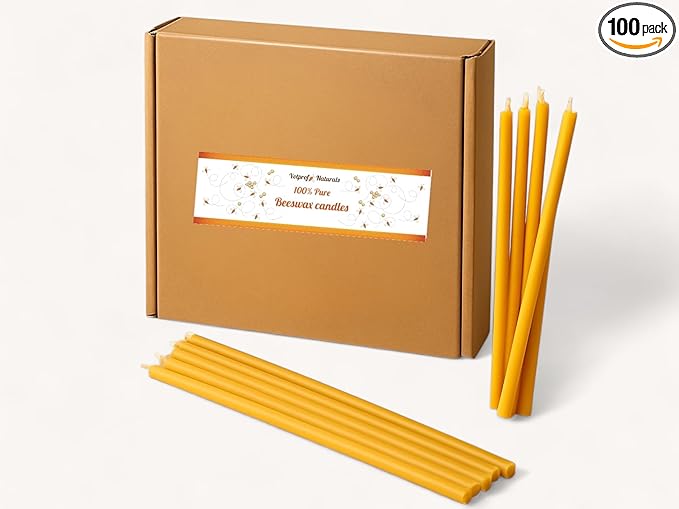 100 All Natural Décor 100% Pure Beeswax Taper Candles – Bulk, Tall (12 in), Unscented, Dripless, Smokeless, Slow Burning, Non Toxic, Honey Scent - for Home, Dinner, Cake, Church, Hanukkah, Christmas
