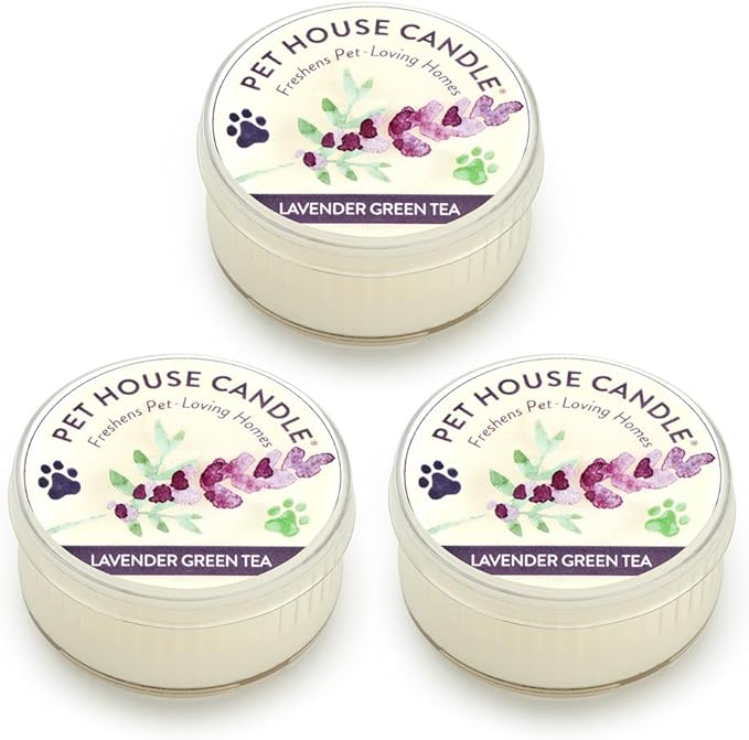 Pet House Mini Candles for Pet Odor, Plant Based, Dog and Cat Friendly Scented Candles, Lavender Green Tea Pack of 3