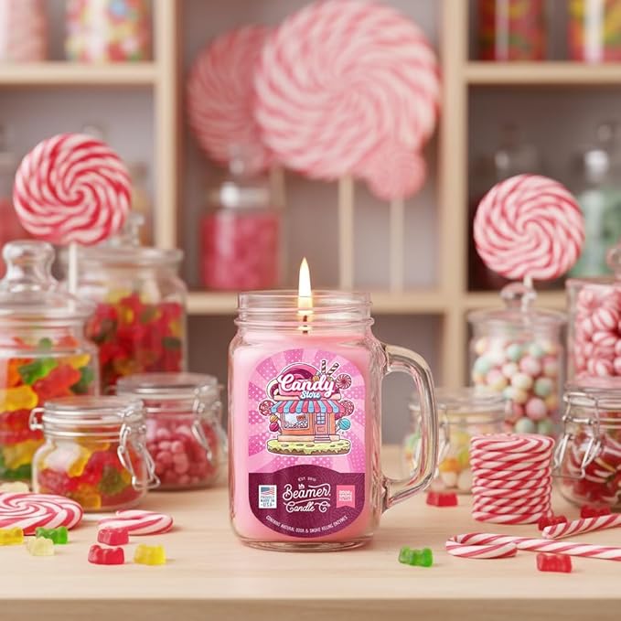 Candy Store Candle – Strong Scent – Peppermint & Candy Cane – Long Lasting 90 Hour Burn – Large 12oz Mason Jar – Made in USA – Beamer Candle Co.