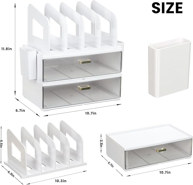 LALOBLUE White Acrylic Desk Organizer with Drawer & File Holder, Stackable Modular Storage System, Multi-Layer Desktop Organizer, Space Saving Desk Organizer for Home Office & Study
