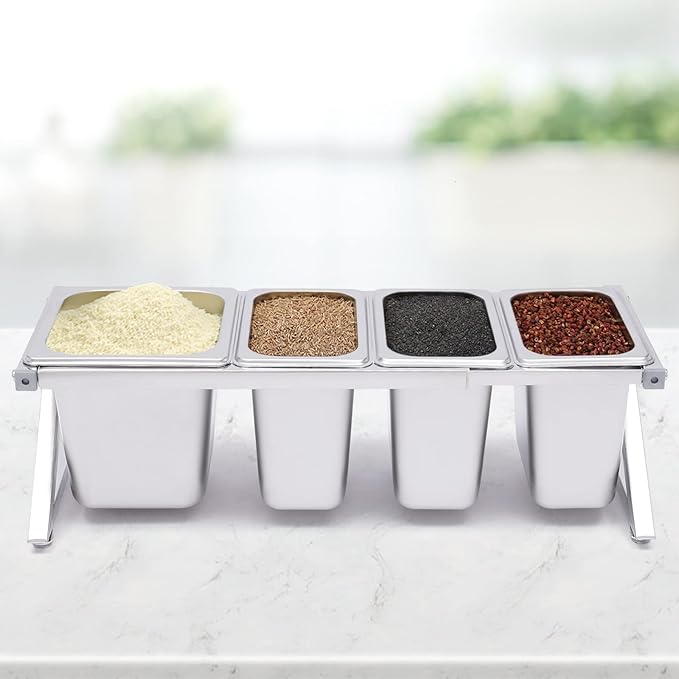 Expandable Spice Rack, Countertop Condiment Stand Holder with Pans and Lids,Stainless Steel Organizer Shelf for Seasonings Sauces Side Dishes Fruits Kitchen Pantry (3*1/9 Pans + 1*1/6 Pan)