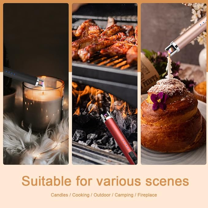 USB Rechargeable Candle Lighter Electronic Arc Lighter Windproof Flameless with Safety Button for Camping Cooking BBQ (Silver)