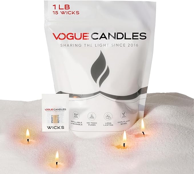Vogue Candles White Pearled Candle Sand Wax (1 LB) – Mother’s Day Candle Kit with 15 Cotton Wicks for DIY Home Lighting – Plant-Based & Reusable Wax Granules Refill for Clean Burning & Custom Vessel