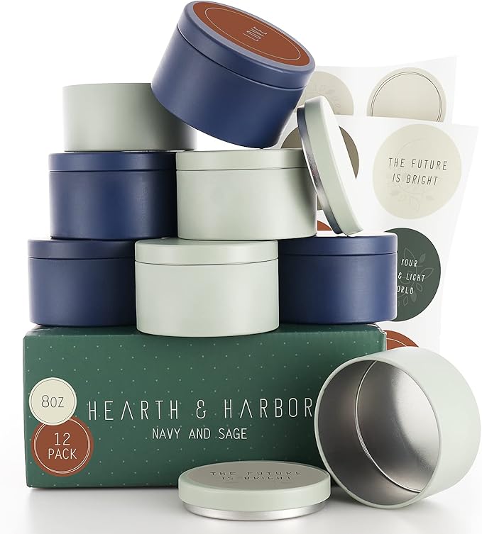 Hearth & Harbor Tin Candle Jars for Making Candles - DIY Candle Containers with Lids - Metal Candle Jars - Bulk Tins Storage for Candle - (12 Pieces) - (8 Ounces) - Solid Navy and Sage