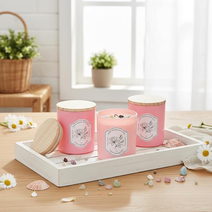 12Pcs Assorted Pink Glass Candle Jars with Wooden Lids for Making Candles, 10 OZ Empty Candle Jars with Labels and 100g Crystal Rocks, Candle Making Supplies Candle Containers for Home DIY & GIFTS
