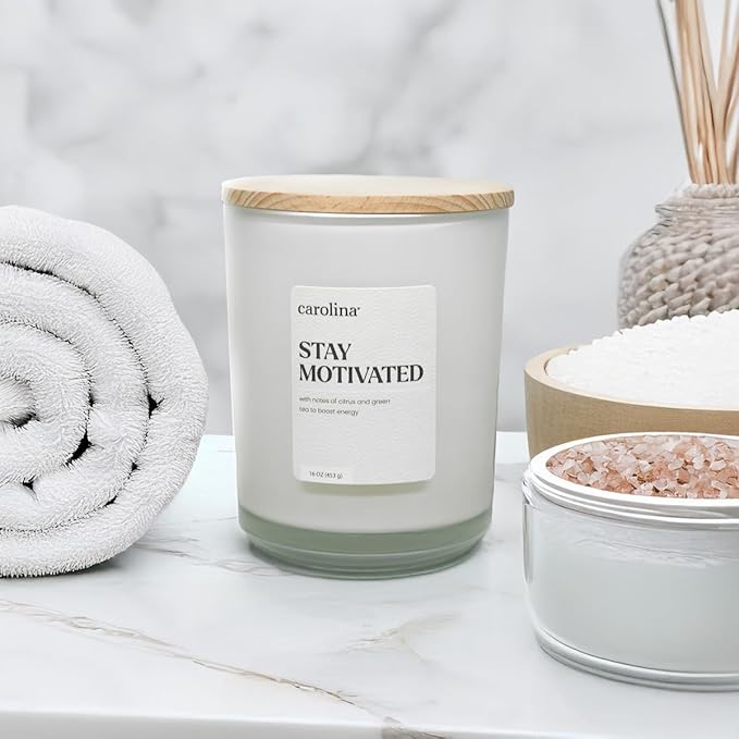 Carolina Stay Motivated Scented Candle, 16 oz Citrus & Green Tea Scented, 2 Wick Wellness Relaxing Candle, 60H Burn Time, Ideal for Creating a Welcoming Home - Made in The USA