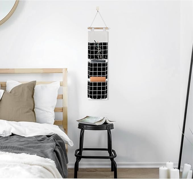 FuninCrea Wall Hanging Bag, Linen Fabric Hanging Organizer, Waterproof Storage Bag with 3 Pockets, Wall Organizer for Living Room, Bedroom, and Bathroom (Black)