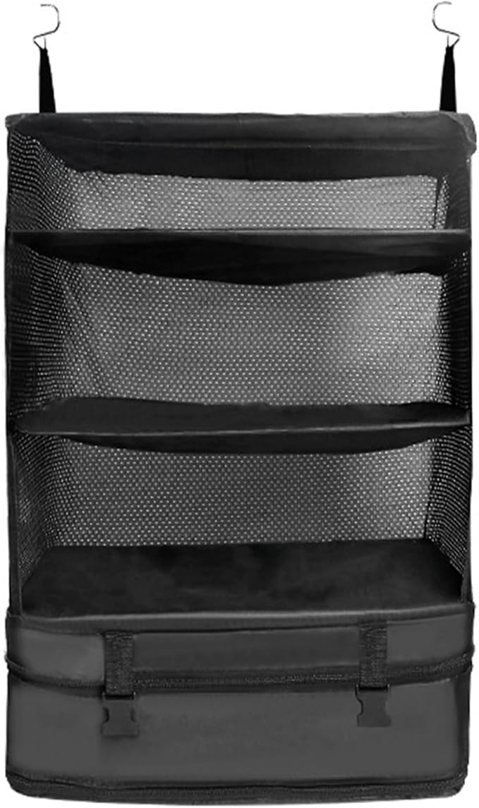 Portable Hanging Travel Shelves Bag, Collapsible 3 Shelf Travel Closet with 2 Hooks, Large Capacity Foldable Clothes Organizer for Suitcase Carry On Closet Insert