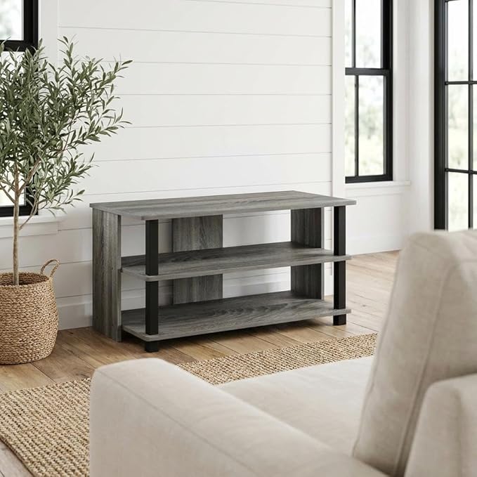 Furnifact French Oak Grey/Black Sully 3-Tier TV Stand for Up to 40-Inch TVs, Elegant Wooden Construction, Spacious, Modern Design, Durable Storage Solution