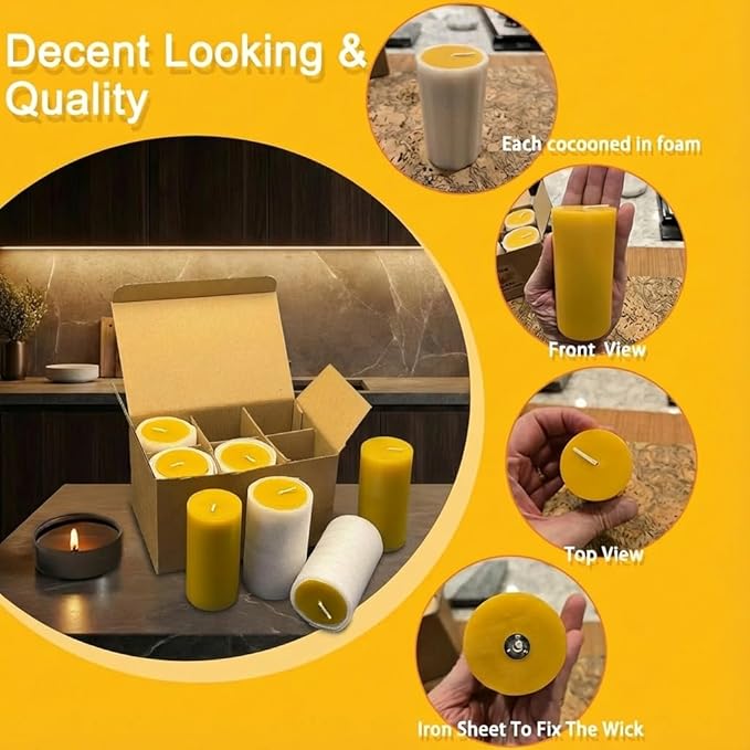 6 Pack Pure Nature Beeswax Pillar Candles, 2x4 Inches, 210 Hours Long Burn Time, Smokeless and Unscented Beeswax Candles for Home,Paryer,Parties