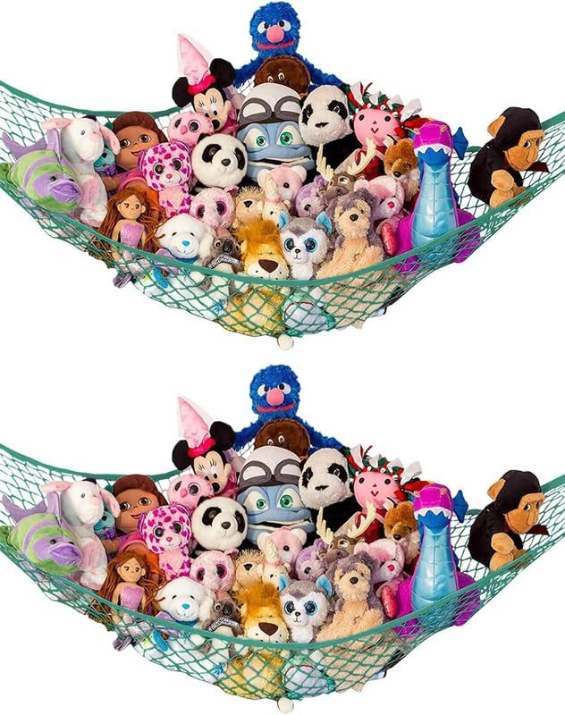 Lilly's Love Large Stuffed Animal Hammock | Corner Hanging Organizer, Toy Storage, Stuffed Animal Storage Net | Made from Quality Fishing Net, Holds 12lbs | 79"x63"x63" (Green, 2 Pack)
