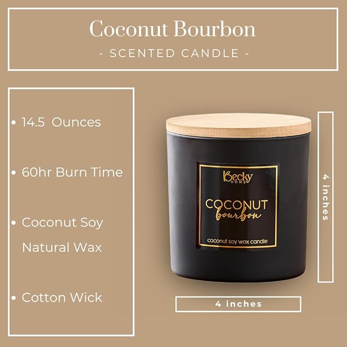Coconut Bourbon 3-Wick Candle, 14.5oz, Black Matte Jar with Wooden Lid, 60+ Hour Burn Time
