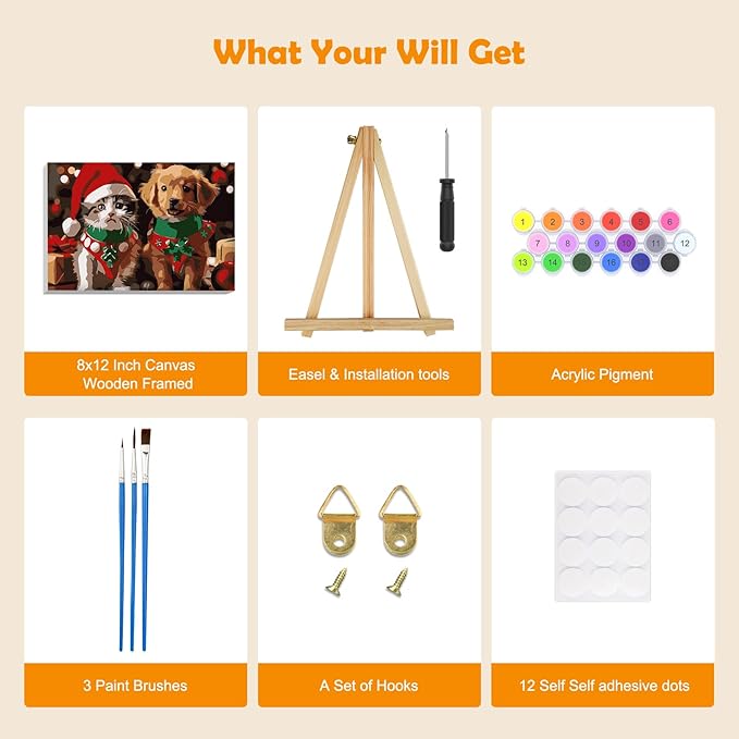 MOGTAA Christmas Paint by Numbers Kit for Adults Beginners with Frame, Cat and Dog Adult Paint by Number Kits on Canvas with Easel, Easy DIY Animal Oil Painting Kits for Home Decor, 8x12in