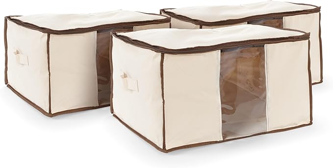 Covermates Canvas Storage Bag for Blankets, Clothes & Décor, 100% Cotton Breathable Fabric, Clear ID Window, Dual Zipper Closure, Carry Handles, Closet Organization, Natural