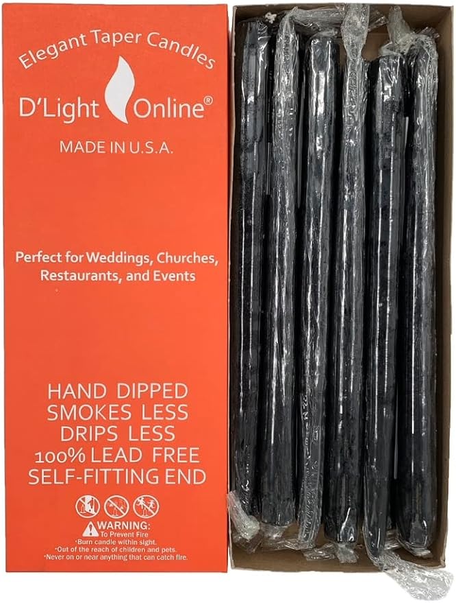 D'light Online Elegant Unscented 12" Black Taper Candles Premium Quality Hand-Dipped Tapered Candles, Dripless and Smokeless - Set of 12 Individually Wrapped (12 Inch, Black)