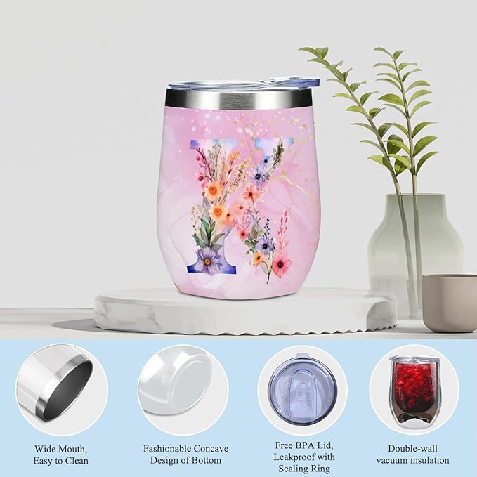 Personalized Gifts Monogrammed Birthday Gifts for Women, Soul Sister Bachelorette Party Wedding Christmas Initial Wine Tumbler Makeup Bag Scented Candle Bracelet Set, (Aesthetic Pink Flower K)