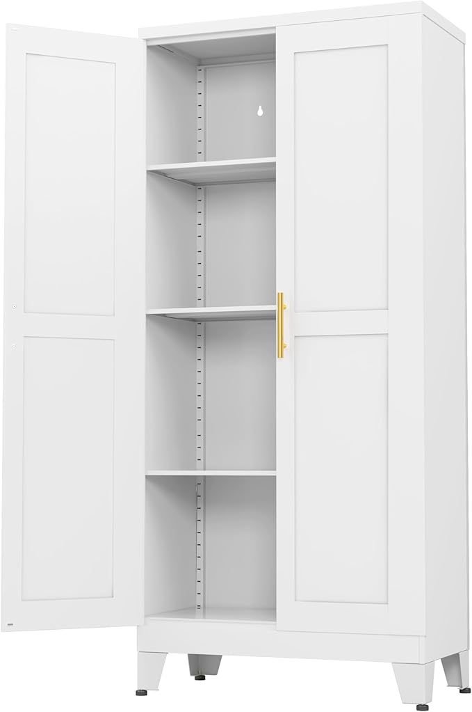 Ckzbx White Metal Cabinets with Doors and Shelves, 61" H Storage Cabinet Pantry Cabinet Garage Cabinets for Kitchen, Living Room, Dinning Room