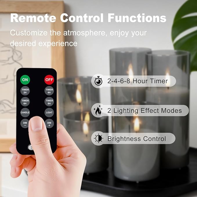 Rechargeable Flameless Candles, Realistic Flickering LED Flame,Real Wax Candle with Remote Control and Timer, Clear Glass Electronic Candles, 1 Set of 5（Gray）