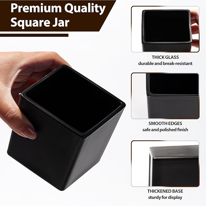 CONNOO 12 Pack 9oz, 3oz Matte Black Square Candle Jars for Making Candles, Thick Glass Bulk Empty Candle Containers with Airtight Bamboo Lids for Candle Making, Sticky Warning Labels - Dishwasher Safe