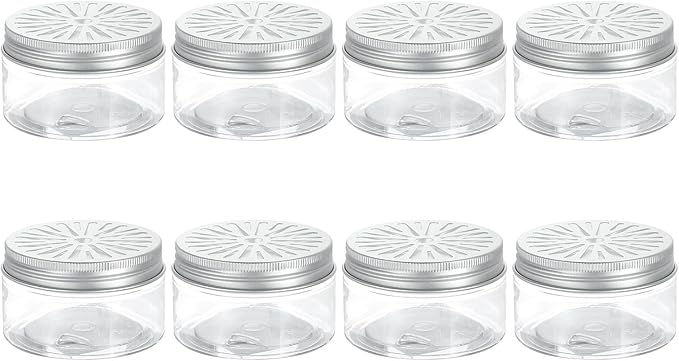 HARFINGTON 8 Pcs Empty Scent Beads Storage Container 3.4oz/100ml Air Freshener Tins Round Refillable Spice Containers Plastic Jars Sample for Air Freshener Candles Travel Storage