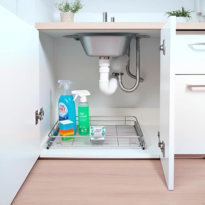 JOWBOOW Sliding Cabinet Organizer Pull Out Shelves (11.7" W x 21" D), Heavy-Duty Slide Out Shelf, Steel Metal Cabinet Roll Out Shelves for Kitchen Bathroom, Chrome