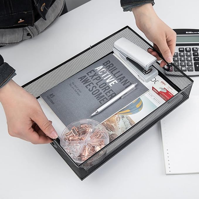 Desk Drawer Organizer, A4 Large Metal Mesh Desk Rrganizer Tray, Versatile Storage Box Set for Office Home Supplies,13 x 9 inches