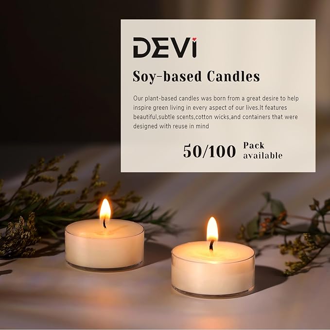 DEVI Soy Wax Tea Lights Candles 100 Pack Paraffin-Free, Soy Tea Lights Bulk-4 Hours Long Burning, Unscented White Small Votive Candles, Votives Bulk for Wedding Baby Shower Favors