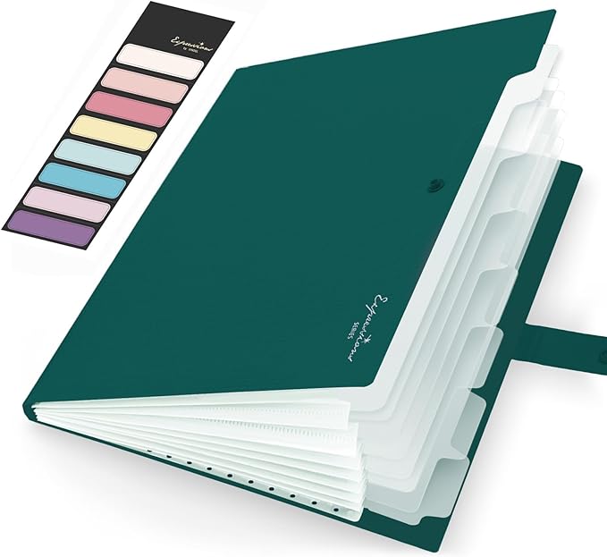 Sooez Accordion File Organizer, Letter Size Expanding File Folder with Labels, 8 Pocket Folders for Document, Portable Paper Bill Receipt Organizer for Home School Office Supplies, A4 Size, Dark Green