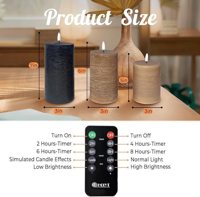 Rechargeable Flameless LED Pillar Candles–Luminous Real Wax Indoor Home Decor–Set of 3, Realistic Flickering LED Flame,Remote & Timer, USB-Rechargeable（Caramel Beige）