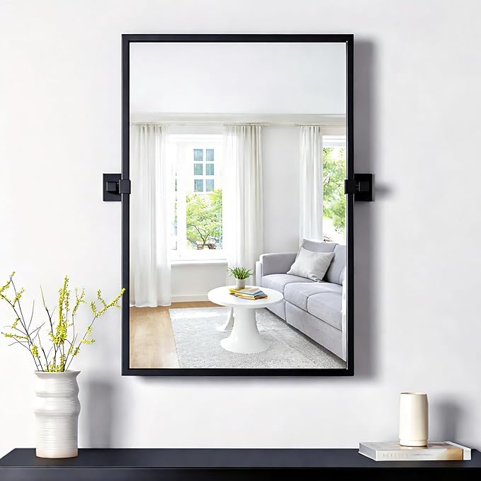 Rectangle Bathroom Mirror - 24x36 Inch Black Metal Framed Tilting Beveled Vanity Mirrors, Modern Pivot Mirror for Bedroom Bathroom Living Room Entrance