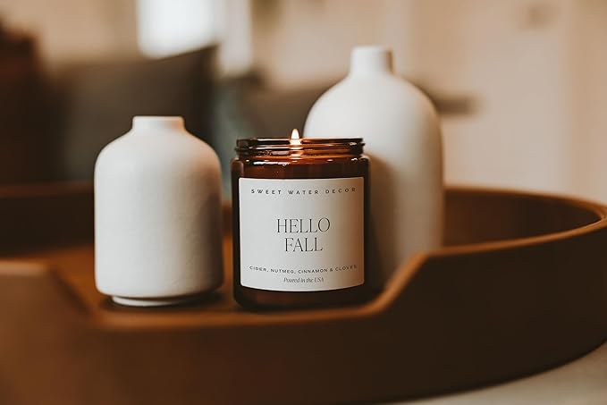 Sweet Water Decor Hello Fall Soy Candles - Fall Candle with Hot Cider, Cinnamon, Cloves, and Nutmeg Scent for Home - Soy Candle with 40 Hours Burn Time - 9Oz Black Lid Amber Jar Candles Fall Scents