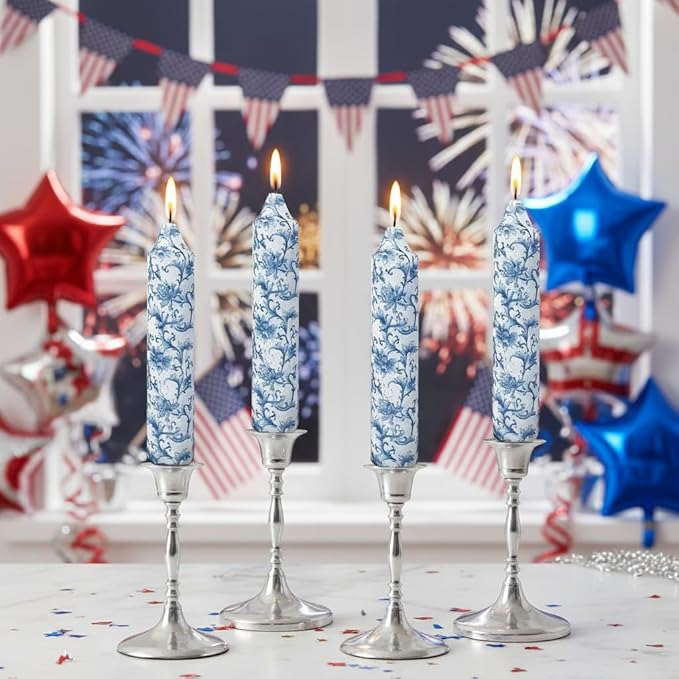 7 Inch Blue and White Tapered Candles Short Floral Candle Sticks Hand Poured Unscented Smokeless Clean Burning Candles for Dining Table Everyday Meals Family Dinner Elegance