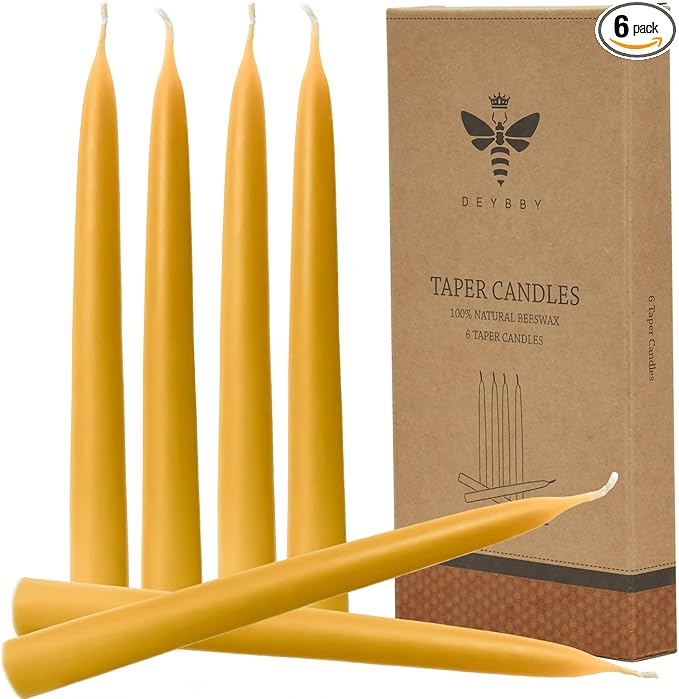 10'' Natural Beeswax Taper Candles Set of 6, DEYBBY Smokeless and Dripless Beeswax Candle, Long Lasting Burning, Non Toxic