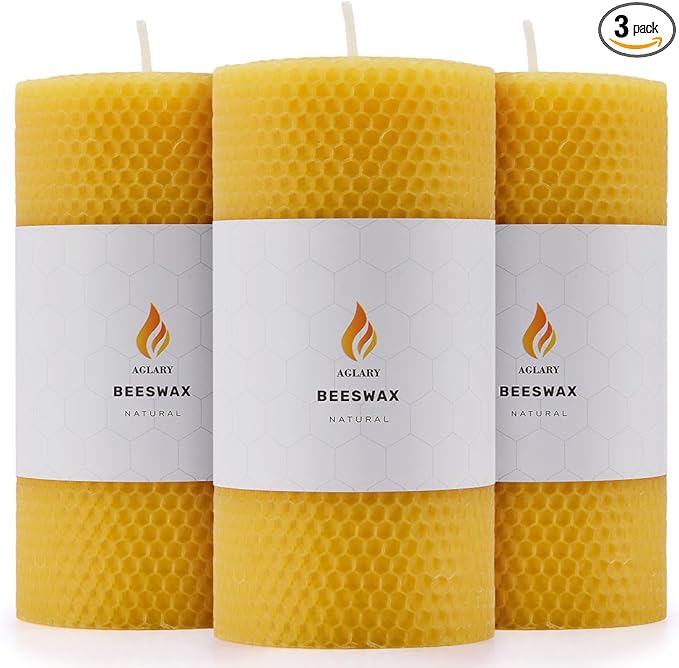 3PCS Beeswax Pillar Candles,Large Handmade Pure Beeswax Rolled Candle,Unscented & Dripless & Smokeless,3 * 6"